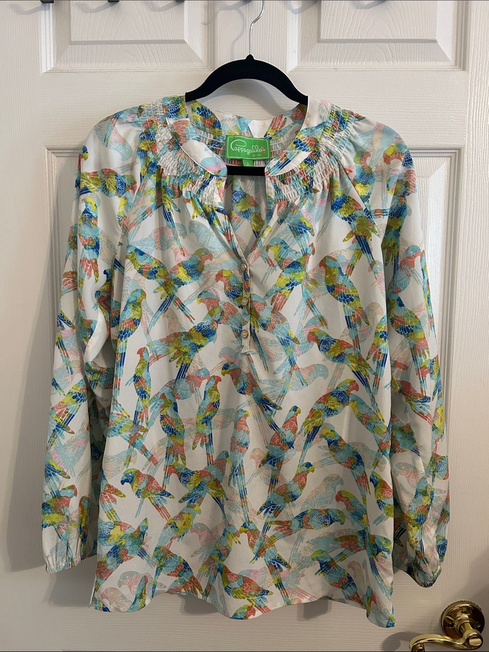 Pappagallo Women's Blouse Multicolor Parrot Print Peasant Top Sz Small